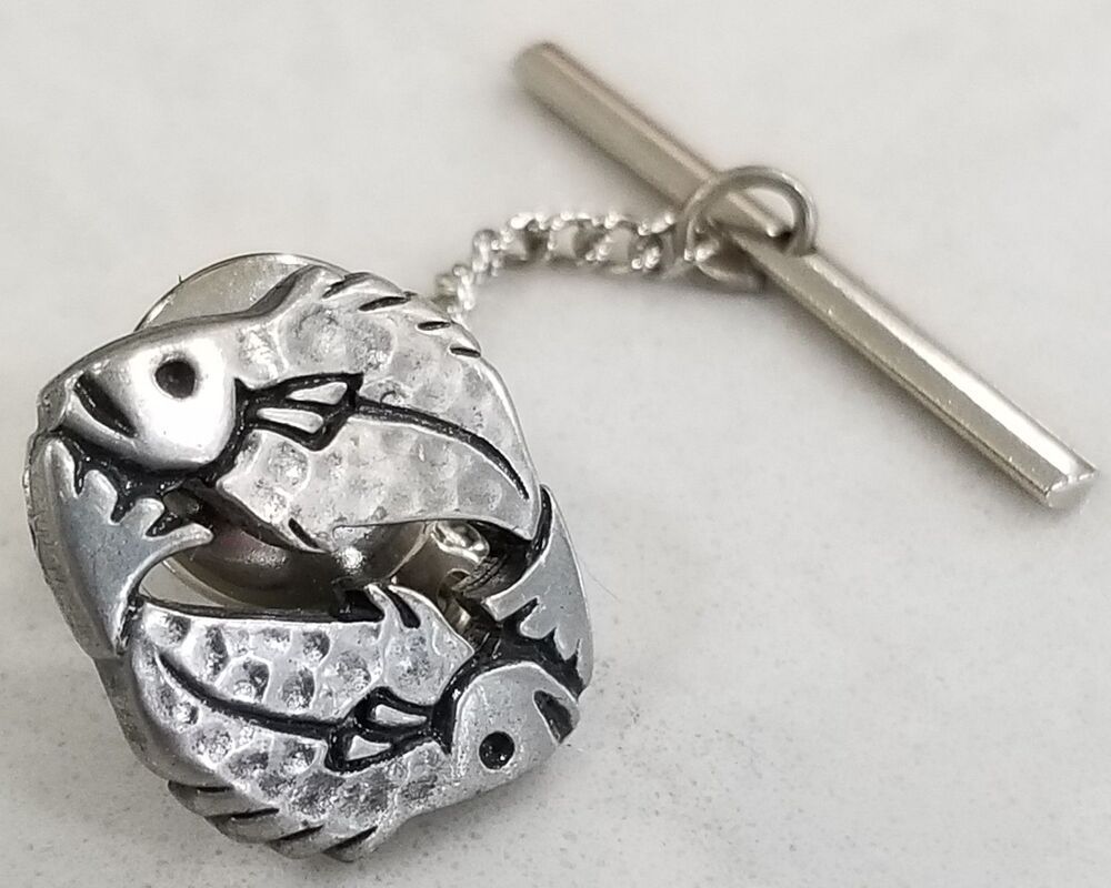 Vintage Pisces Zodiac Tie Tack • Silver‑Tone • Chain & Bar